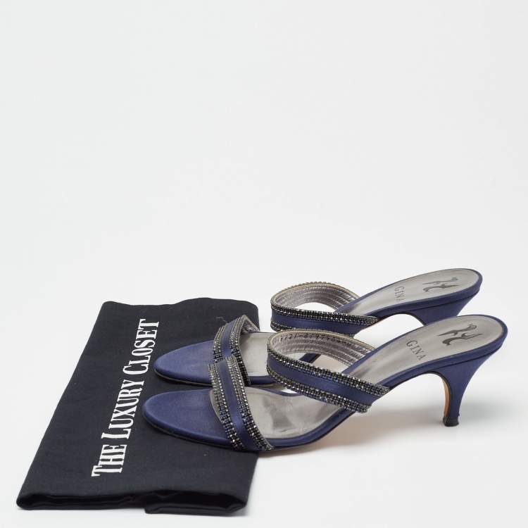 مملوكة مسبقًا Gina Navy Blue Crystal Embellished Satin Slide Sandals Size 39