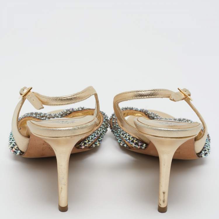 Pre Owned Gina Gold Leather Crystal Embellished Slingback Sandals Size 40.5