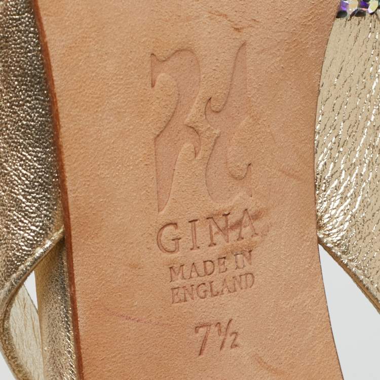 Pre Owned Gina Gold Leather Crystal Embellished Slingback Sandals Size 40.5