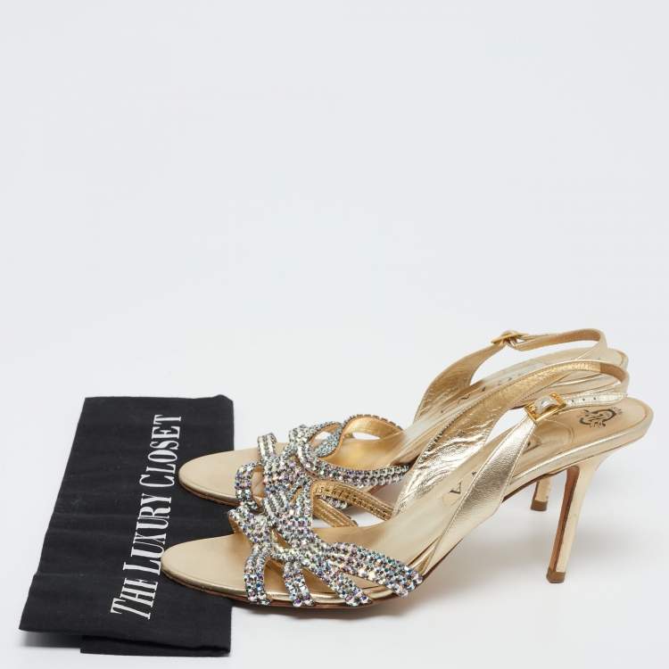 Pre Owned Gina Gold Leather Crystal Embellished Slingback Sandals Size 40.5