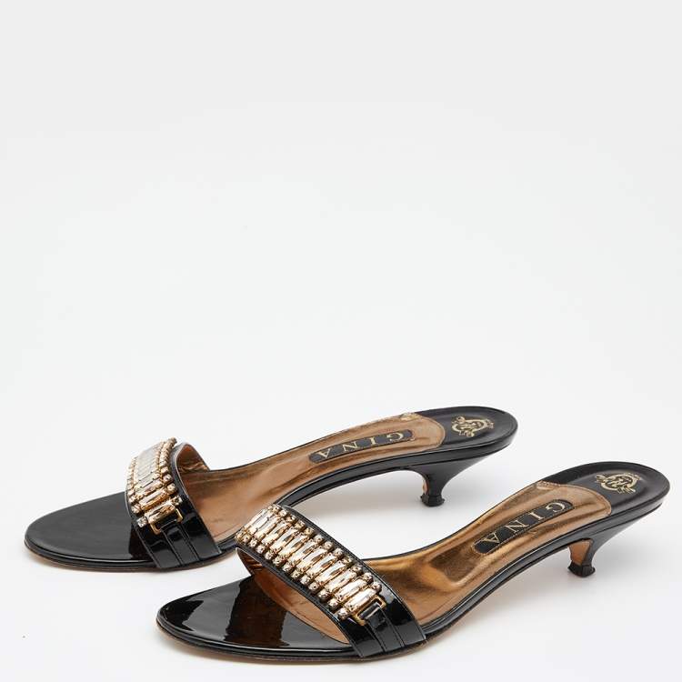 Pre Owned Gina Black/Gold Patent Leather Embellished Slide Sandals Size 41