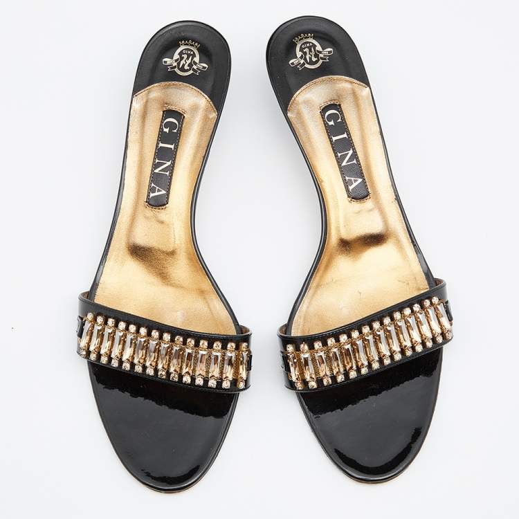 Pre Owned Gina Black/Gold Patent Leather Embellished Slide Sandals Size 41