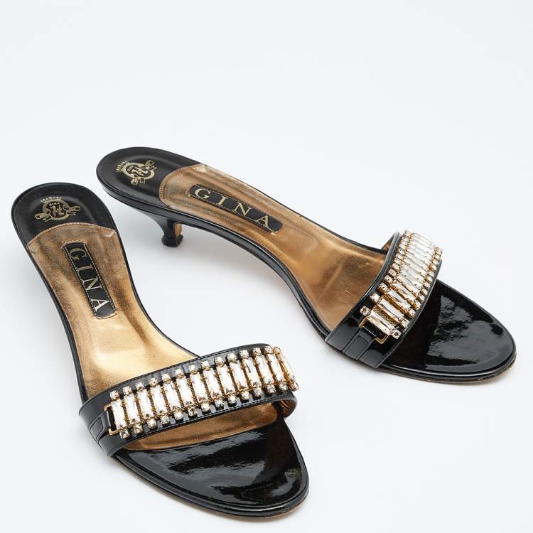 Pre Owned Gina Black/Gold Patent Leather Embellished Slide Sandals Size 41