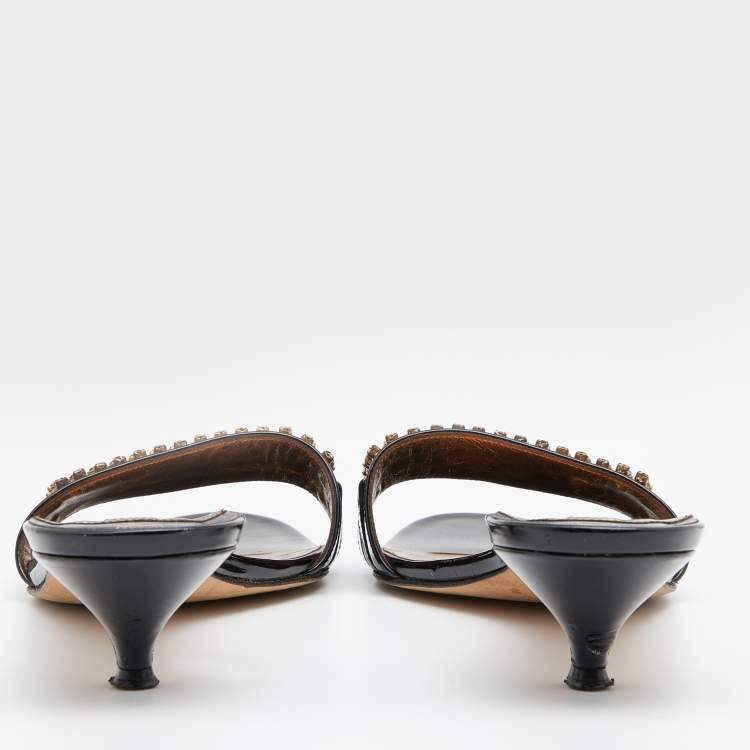 Pre Owned Gina Black/Gold Patent Leather Embellished Slide Sandals Size 41