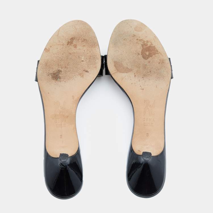 Pre Owned Gina Black/Gold Patent Leather Embellished Slide Sandals Size 41