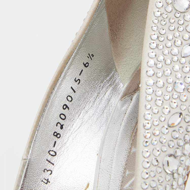 Pre Owned Gina Silver Satin Crystal Embellished Peep Toe Platform Pumps Size 39.5