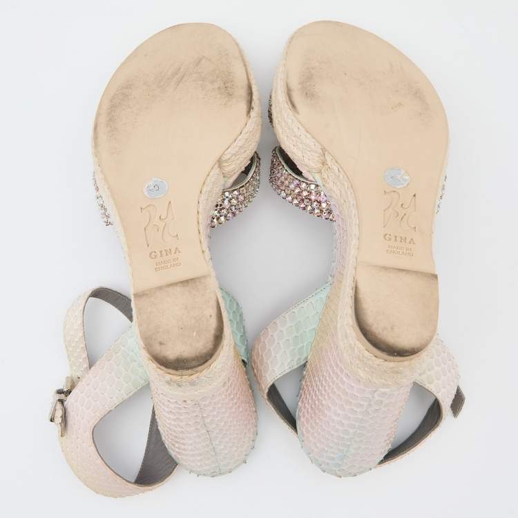 Pre Owned Gina Multicolor Python Crystal Embellished Platform Wedge Sandals Size 40