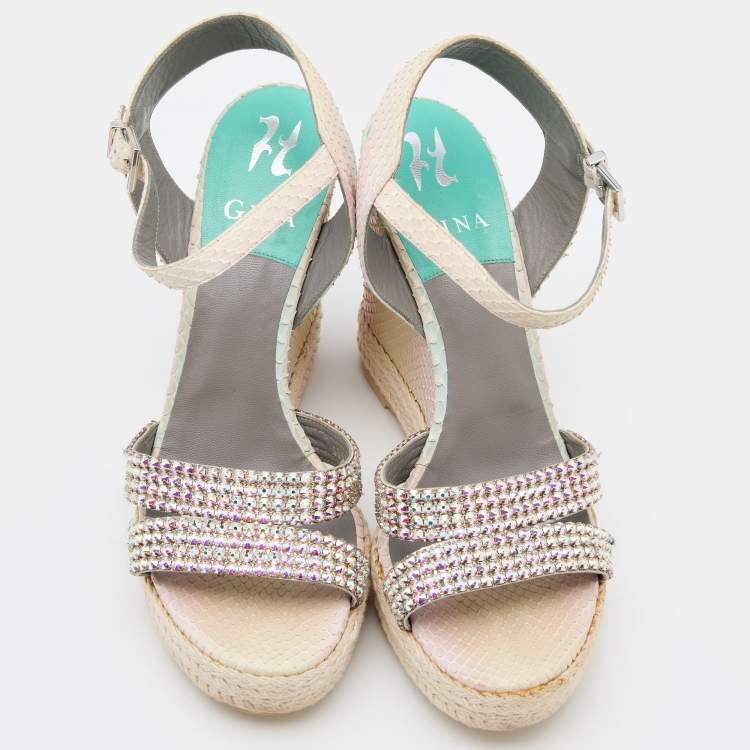Pre Owned Gina Multicolor Python Crystal Embellished Platform Wedge Sandals Size 40