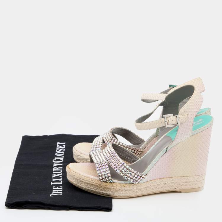 Pre Owned Gina Multicolor Python Crystal Embellished Platform Wedge Sandals Size 40