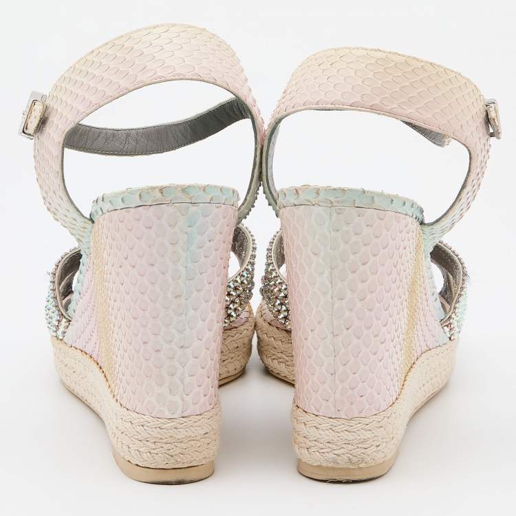 Pre Owned Gina Multicolor Python Crystal Embellished Platform Wedge Sandals Size 40