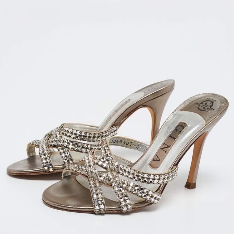 Pre Owned Gina Grey Crystal Embellished Leather Slide Sandals Size 36