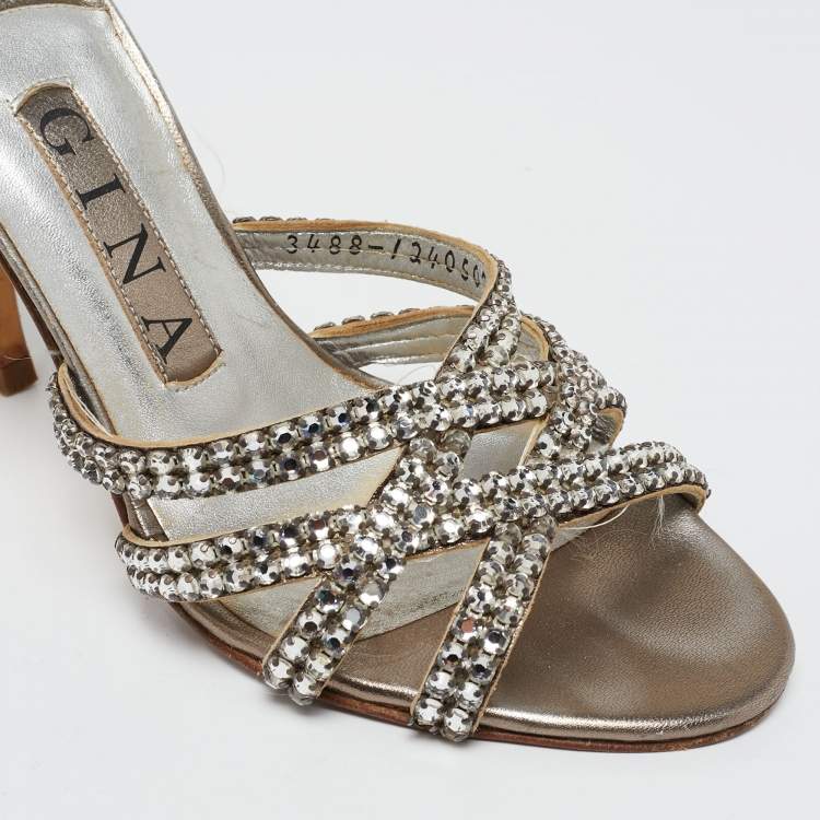 Pre Owned Gina Grey Crystal Embellished Leather Slide Sandals Size 36