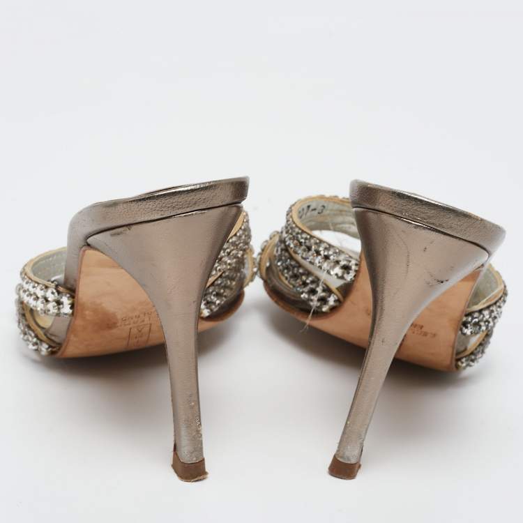 Pre Owned Gina Grey Crystal Embellished Leather Slide Sandals Size 36