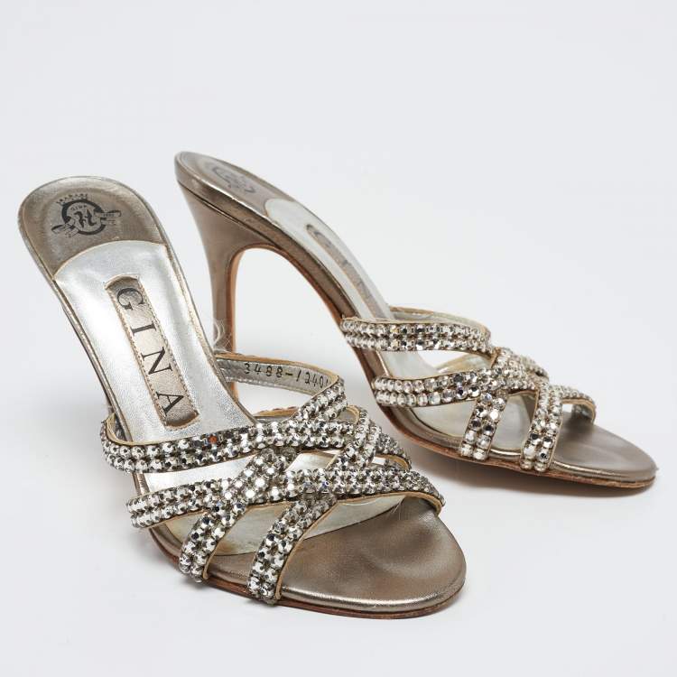 Pre Owned Gina Grey Crystal Embellished Leather Slide Sandals Size 36