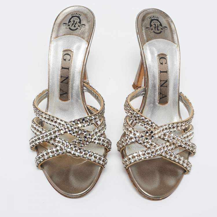 Pre Owned Gina Grey Crystal Embellished Leather Slide Sandals Size 36