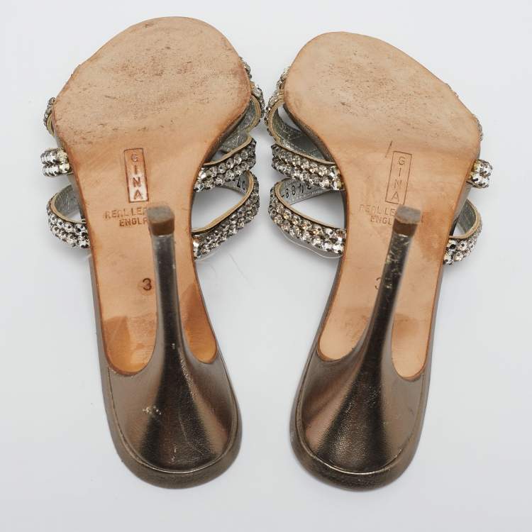 Pre Owned Gina Grey Crystal Embellished Leather Slide Sandals Size 36