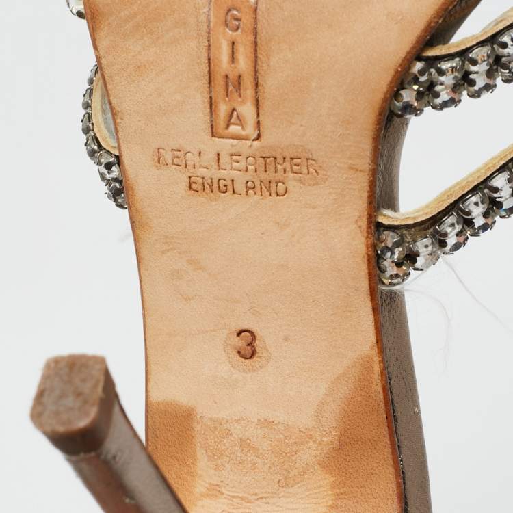 Pre Owned Gina Grey Crystal Embellished Leather Slide Sandals Size 36