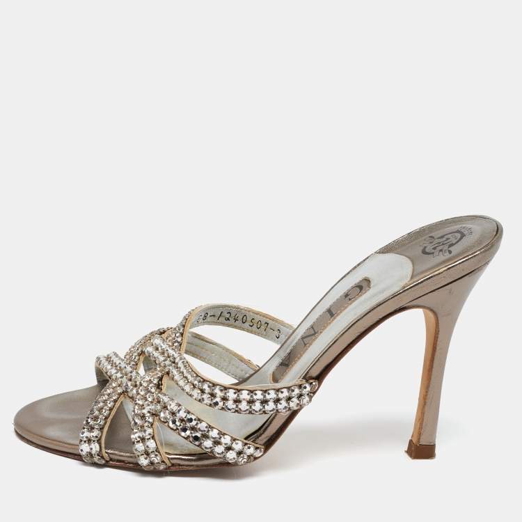 Pre Owned Gina Grey Crystal Embellished Leather Slide Sandals Size 36