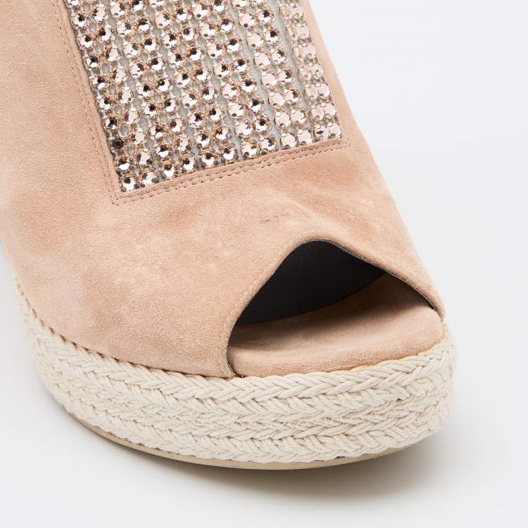 Pre Owned Gina Peach Suede Crystal Embellished Platform Wedge Sandals Size 40