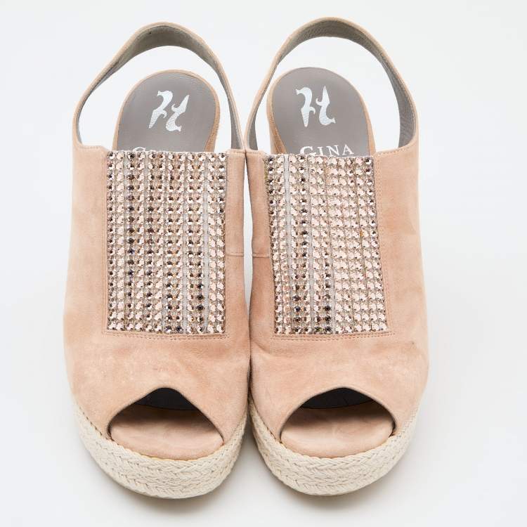 Pre Owned Gina Peach Suede Crystal Embellished Platform Wedge Sandals Size 40