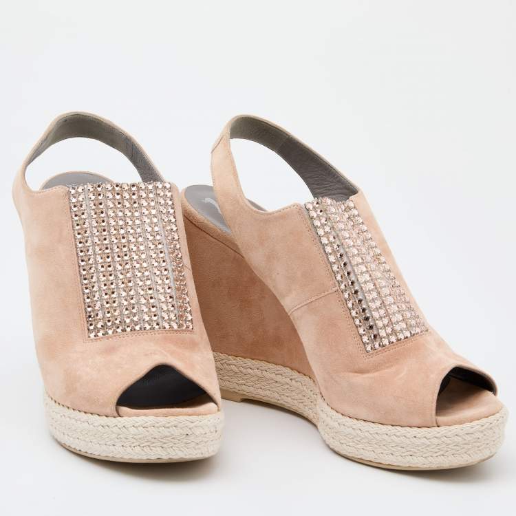 Pre Owned Gina Peach Suede Crystal Embellished Platform Wedge Sandals Size 40
