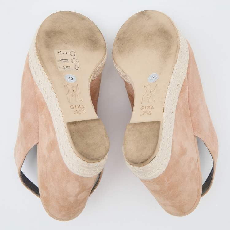 Pre Owned Gina Peach Suede Crystal Embellished Platform Wedge Sandals Size 40