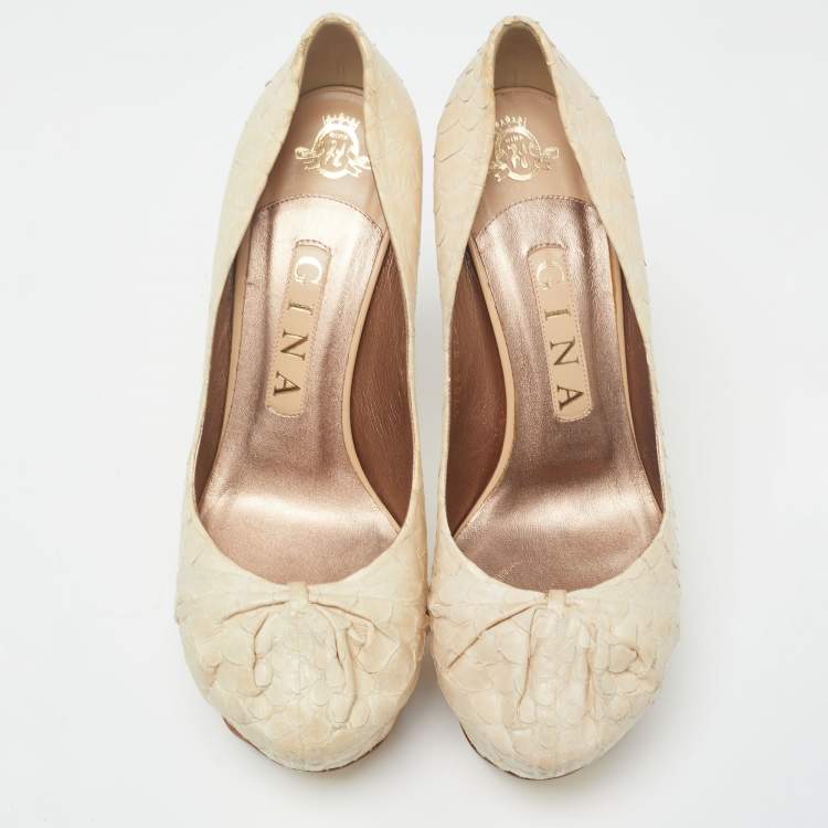 Pre Owned Gina Cream Python Embossed Leather Elle Platform Pumps Size 37.5