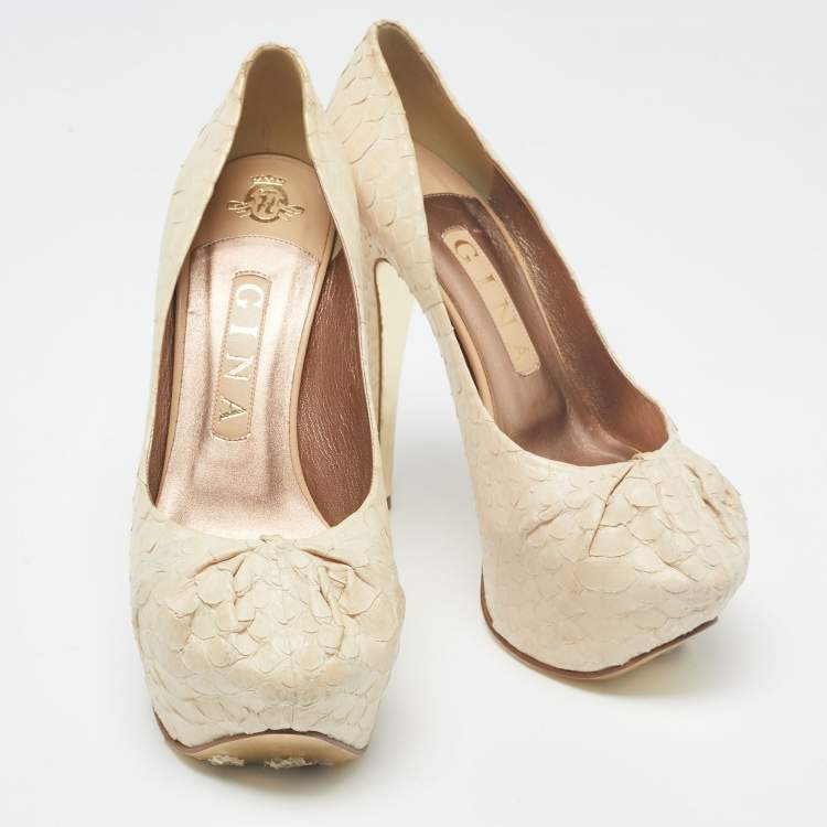 Pre Owned Gina Cream Python Embossed Leather Elle Platform Pumps Size 37.5