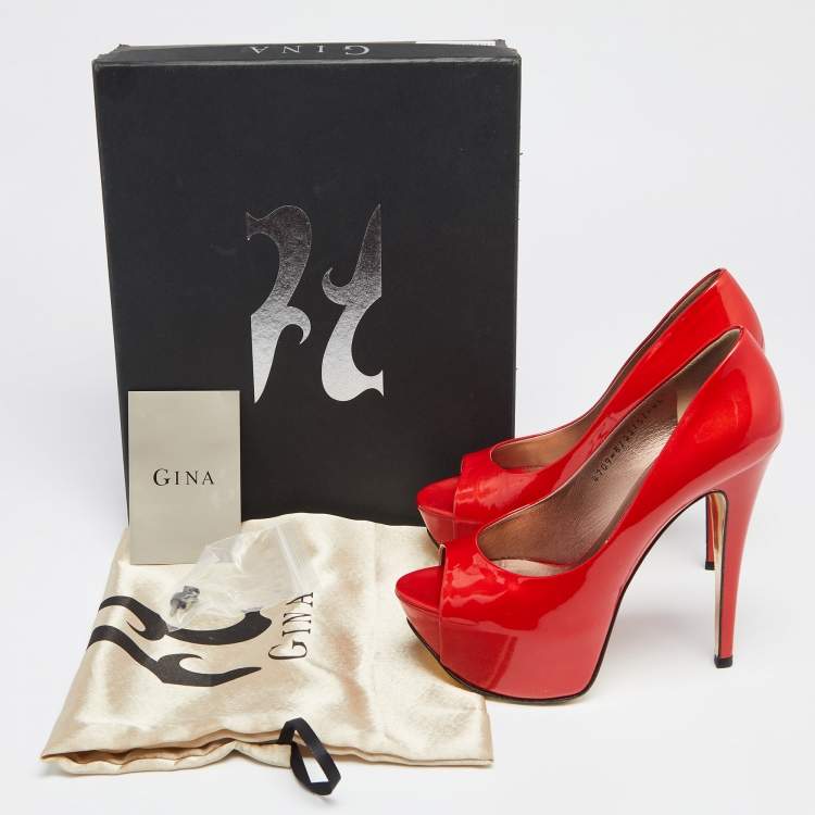 Pre Owned Gina Red Patent Leather Platform Peep Toe Pumps Size 37.5