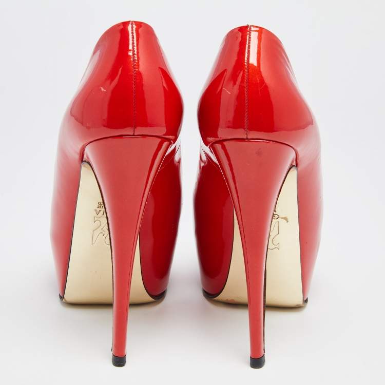 Pre Owned Gina Red Patent Leather Platform Peep Toe Pumps Size 37.5