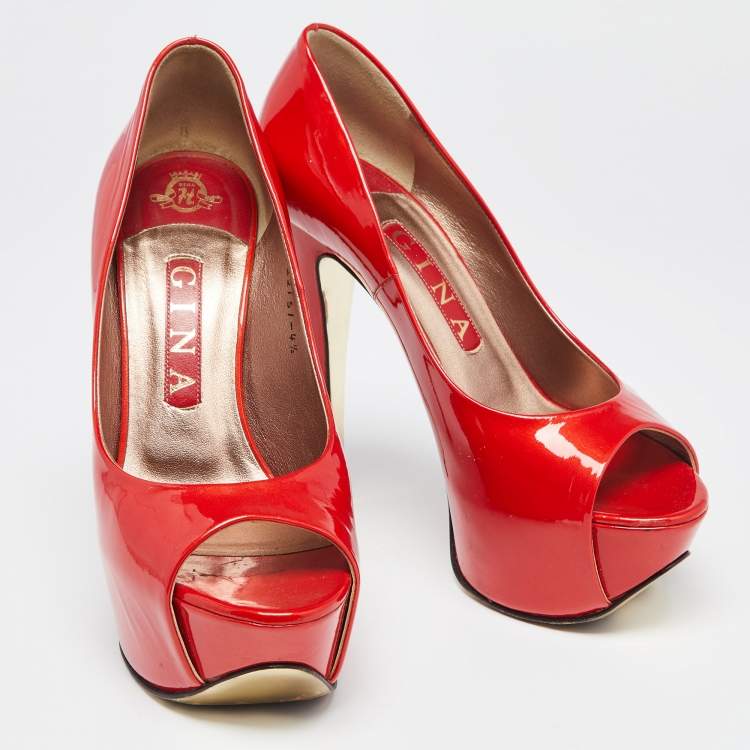 Pre Owned Gina Red Patent Leather Platform Peep Toe Pumps Size 37.5