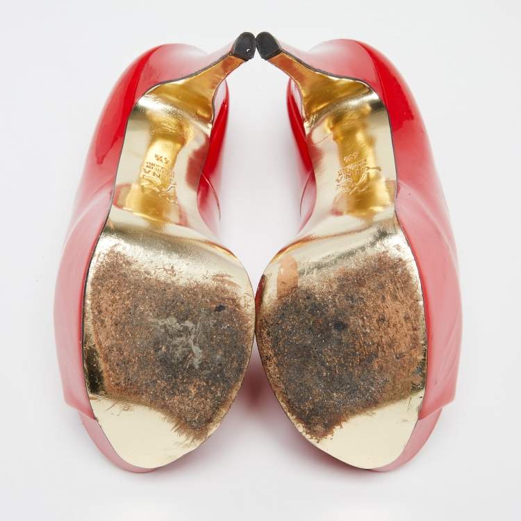 Pre Owned Gina Red Patent Leather Platform Peep Toe Pumps Size 37.5