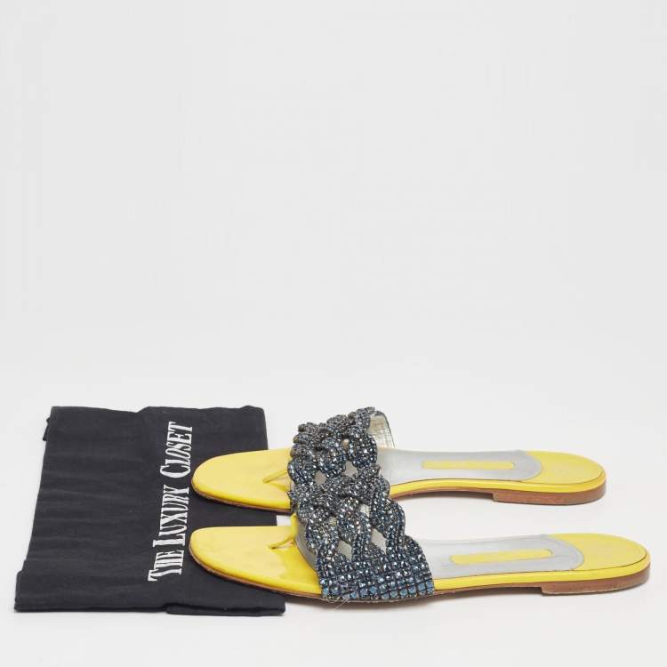 Pre Owned Gina Yellow Patent  Crystal Embellished  Flat Sandals  Size 39.5
