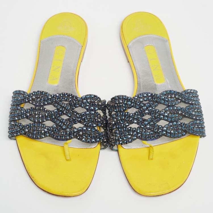 Pre Owned Gina Yellow Patent  Crystal Embellished  Flat Sandals  Size 39.5