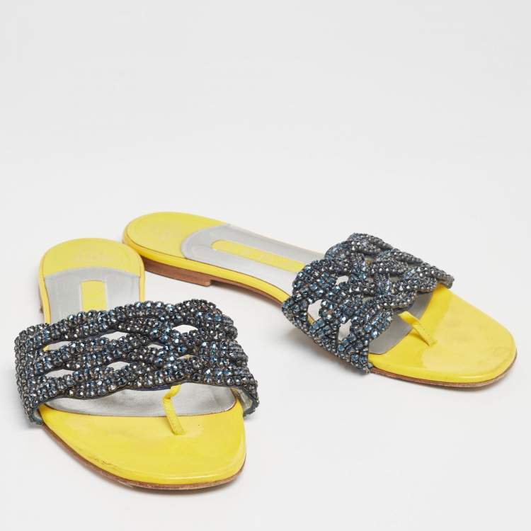 Pre Owned Gina Yellow Patent  Crystal Embellished  Flat Sandals  Size 39.5