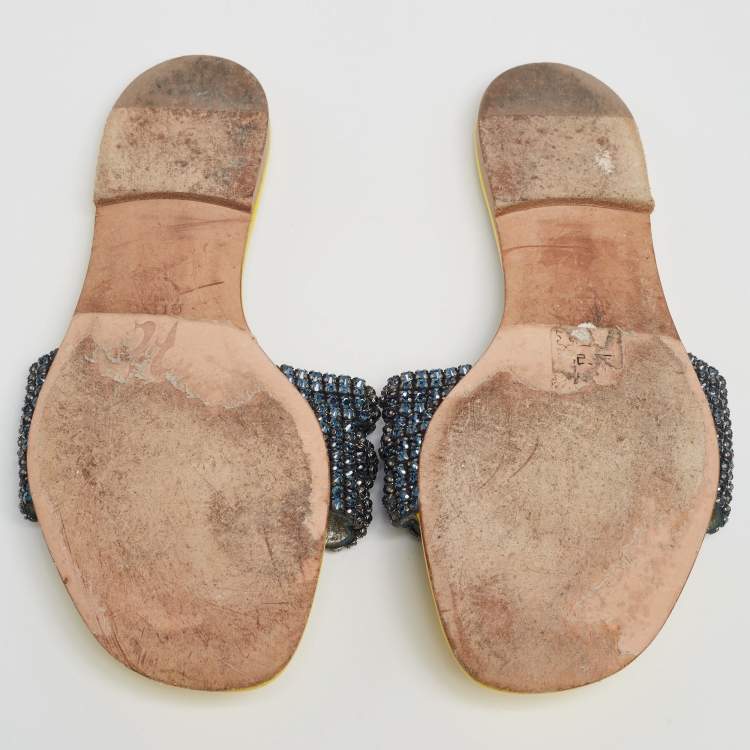 Pre Owned Gina Yellow Patent  Crystal Embellished  Flat Sandals  Size 39.5