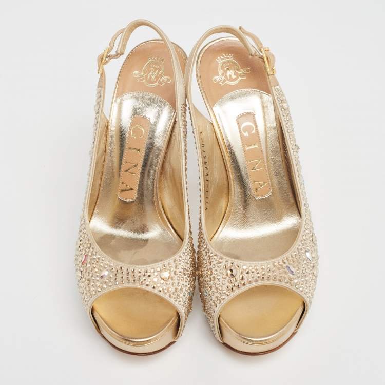 Pre Owned Gina Gold Crystal Embellished Satin Slingback Sandals Size 36