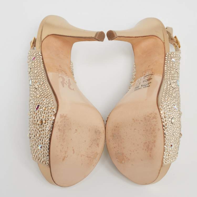 Pre Owned Gina Gold Crystal Embellished Satin Slingback Sandals Size 36