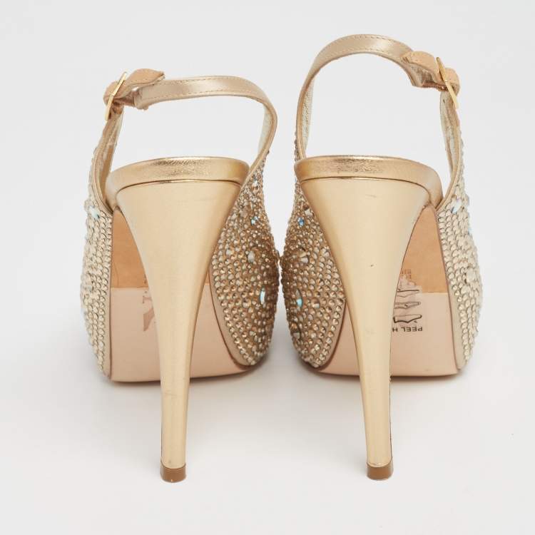 Pre Owned Gina Gold Crystal Embellished Satin Slingback Sandals Size 36