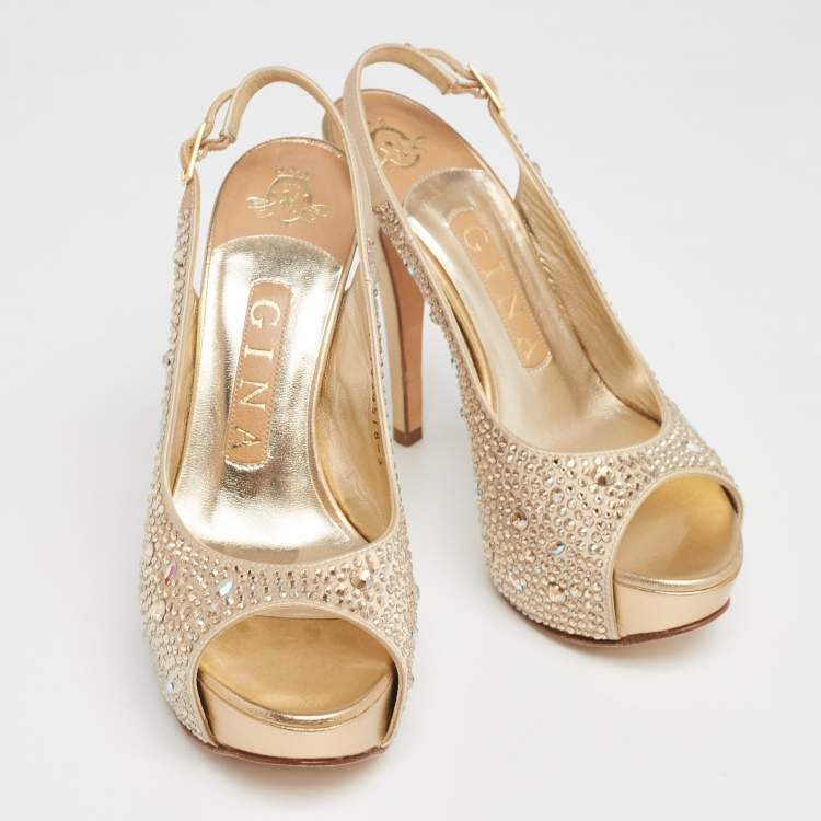 Pre Owned Gina Gold Crystal Embellished Satin Slingback Sandals Size 36