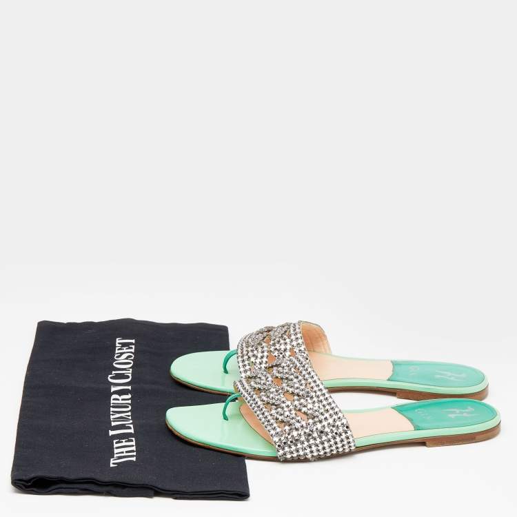 مملوكة مسبقًا Gina Green Crystal Embellished Leather Thong Flats Size 40