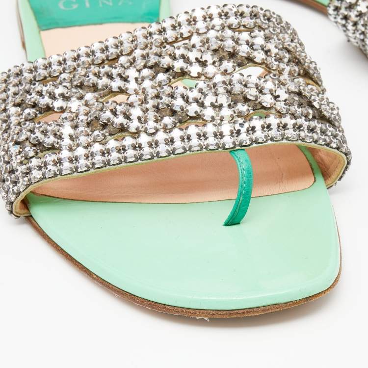 مملوكة مسبقًا Gina Green Crystal Embellished Leather Thong Flats Size 40