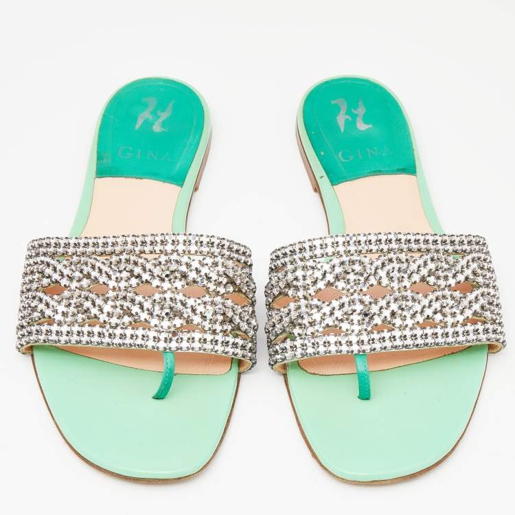 مملوكة مسبقًا Gina Green Crystal Embellished Leather Thong Flats Size 40