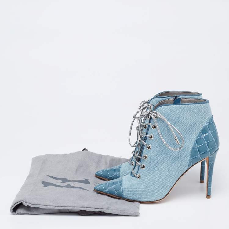 Pre Owned Gina Blue Denim And Croc Embossed Patent Ankle Boots Size 38