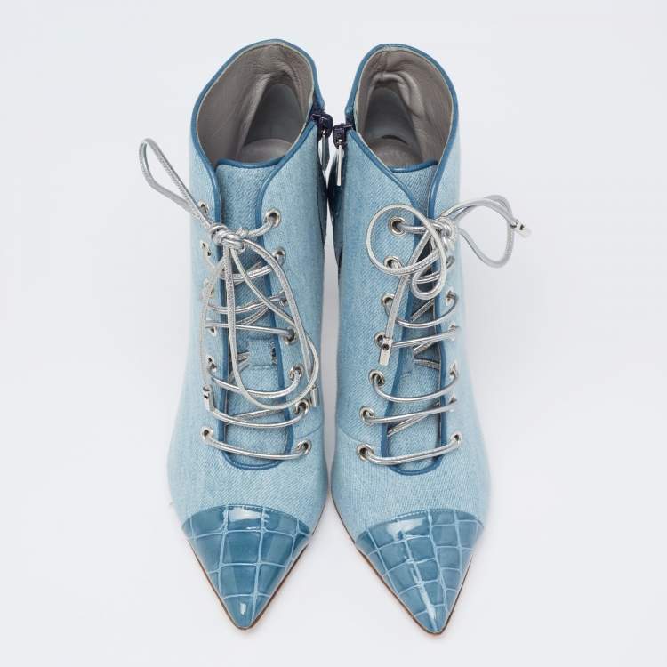 Pre Owned Gina Blue Denim And Croc Embossed Patent Ankle Boots Size 38