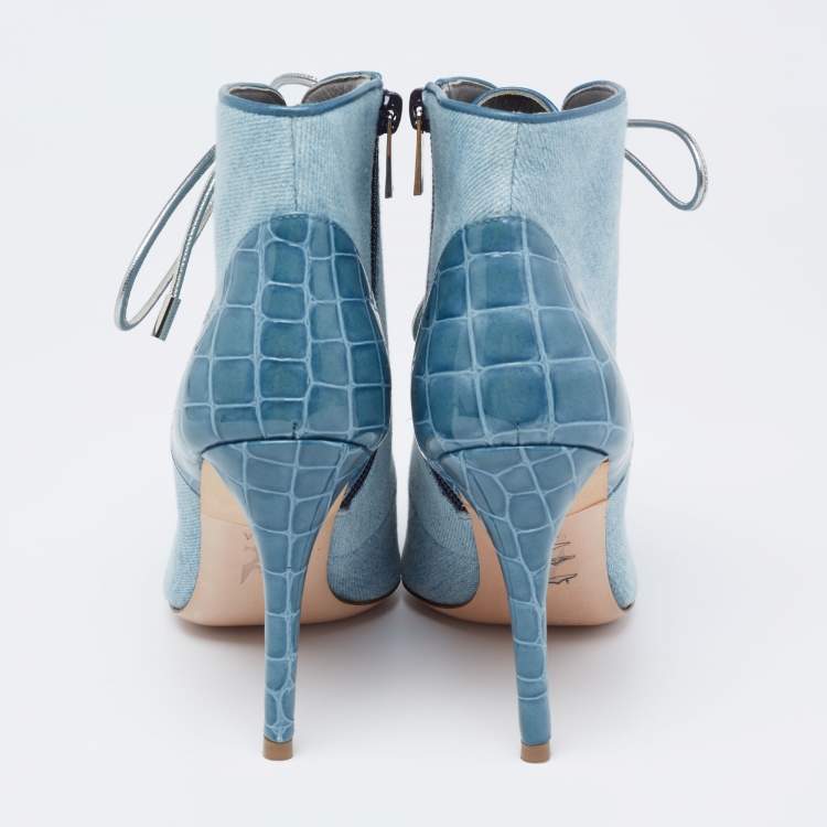 Pre Owned Gina Blue Denim And Croc Embossed Patent Ankle Boots Size 38