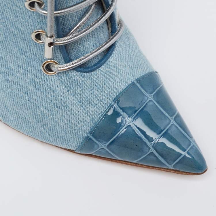 Pre Owned Gina Blue Denim And Croc Embossed Patent Ankle Boots Size 38