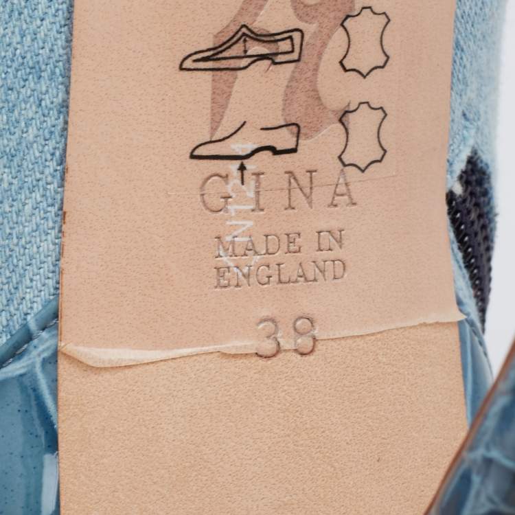 Pre Owned Gina Blue Denim And Croc Embossed Patent Ankle Boots Size 38