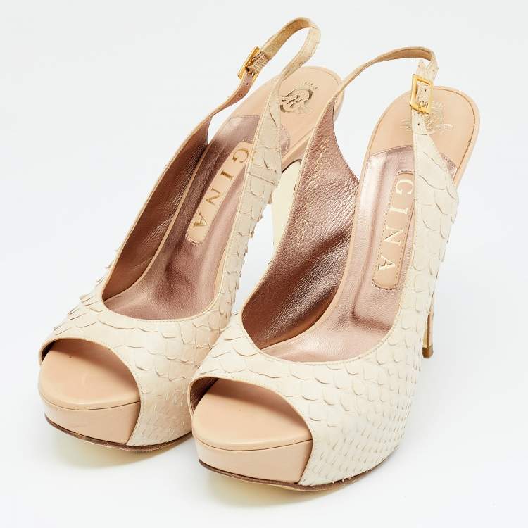 Pre Owned Gina Beige Python Leather Peep Toe Platform Slingback Sandals Size 38.5