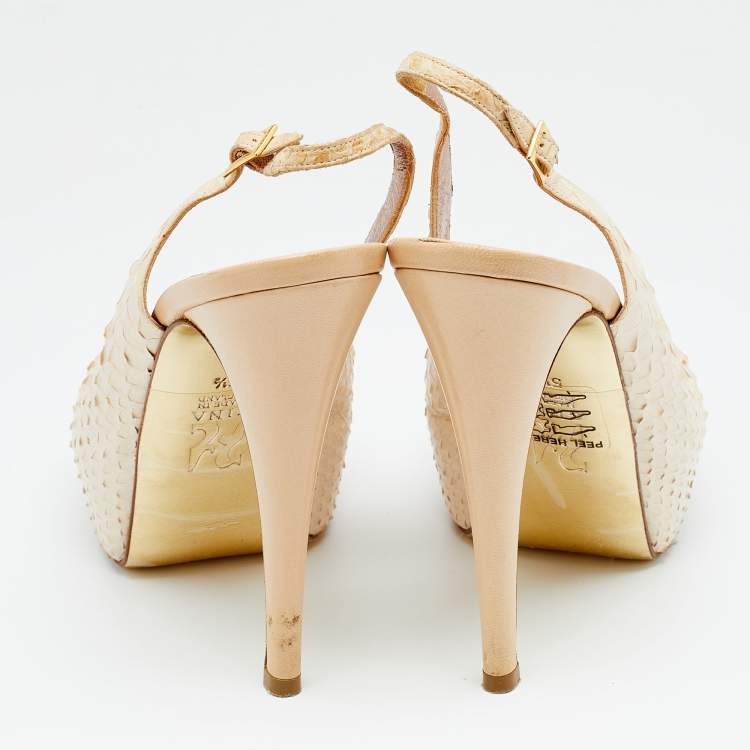 Pre Owned Gina Beige Python Leather Peep Toe Platform Slingback Sandals Size 38.5